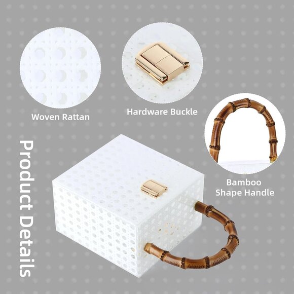 White Rattan Acrylic Clutch Bag for Formal Events Compact Summer Beach Handbag - Picture 5 of 7
